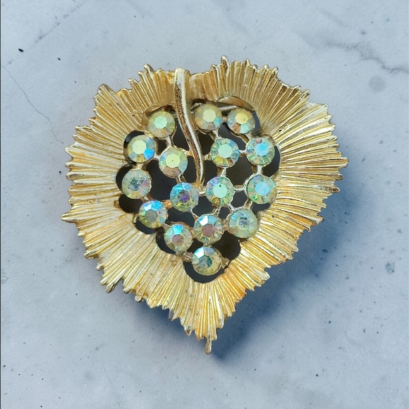 Vintage Jewelry - Vintage AB Crystal Gold Leaf Brooch